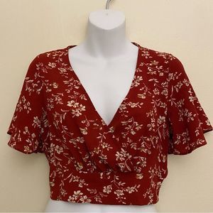 SHEIN Vacay Red Floral V Neck Crop Top